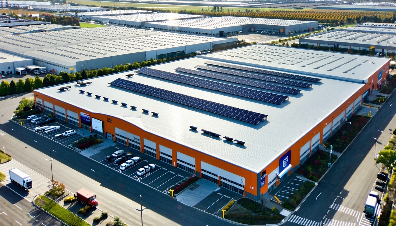 A realistic professional aerial or elevatedangle view of a midsize warehouse facility surrounded by much larger industrial megawarehouses The midsize-1