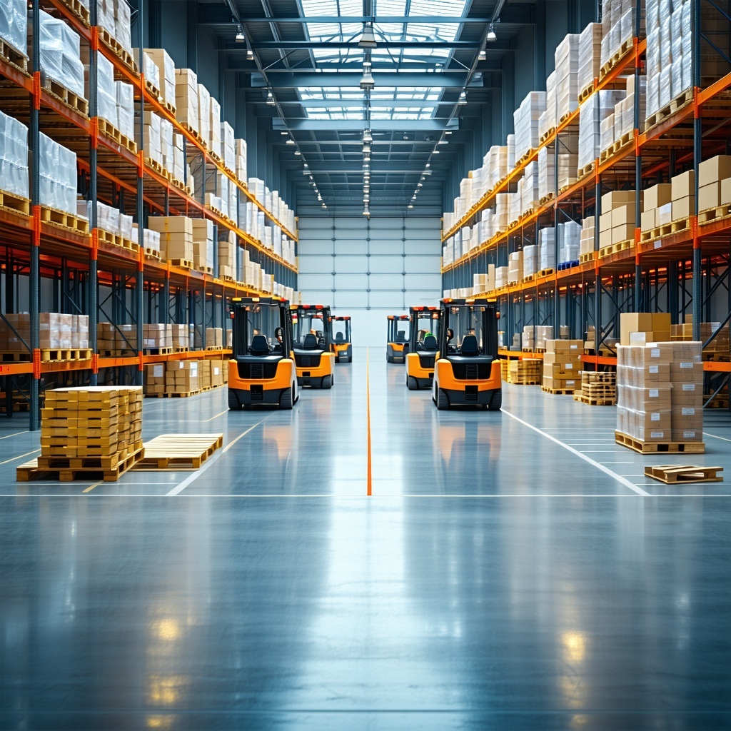A realistic professional warehouse interior with no people visible Show a midsize distribution center with organized shelving labeled pallets forklift